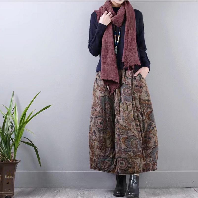 2023 Vinter Retro Konsttryck Kviltad Midikjol med Elastisk Midja