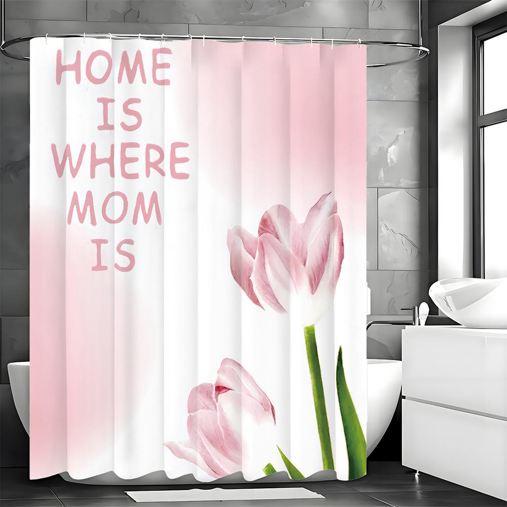 Mother's Day Pink Tulip Text Shower Curtain, Bathroom Decorative Shower Curtain, Waterproof Shower Curtain with Hooks