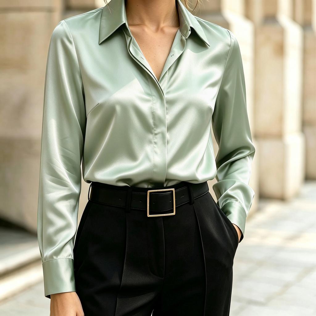Women's Long Sleeve Satin Button-Up Shirt with Lapel Collar Casual Blouse Top