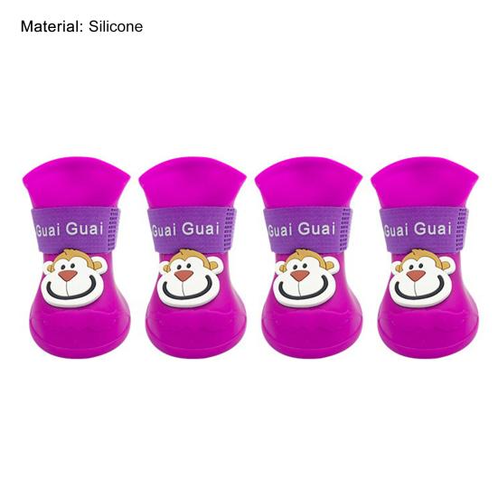 4Pcs Pet Rain Boots Monkey Print Waterproof Lightweight Cartoon Pattern Fastener Tape Dog Shoes for Outdoor