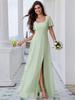 Ever-Pretty Women's U-Neck Backless Frenulum Knotting Short Sleeves High Slit A-Line Bridesmaid Dress Chiffon Evening Dresses
