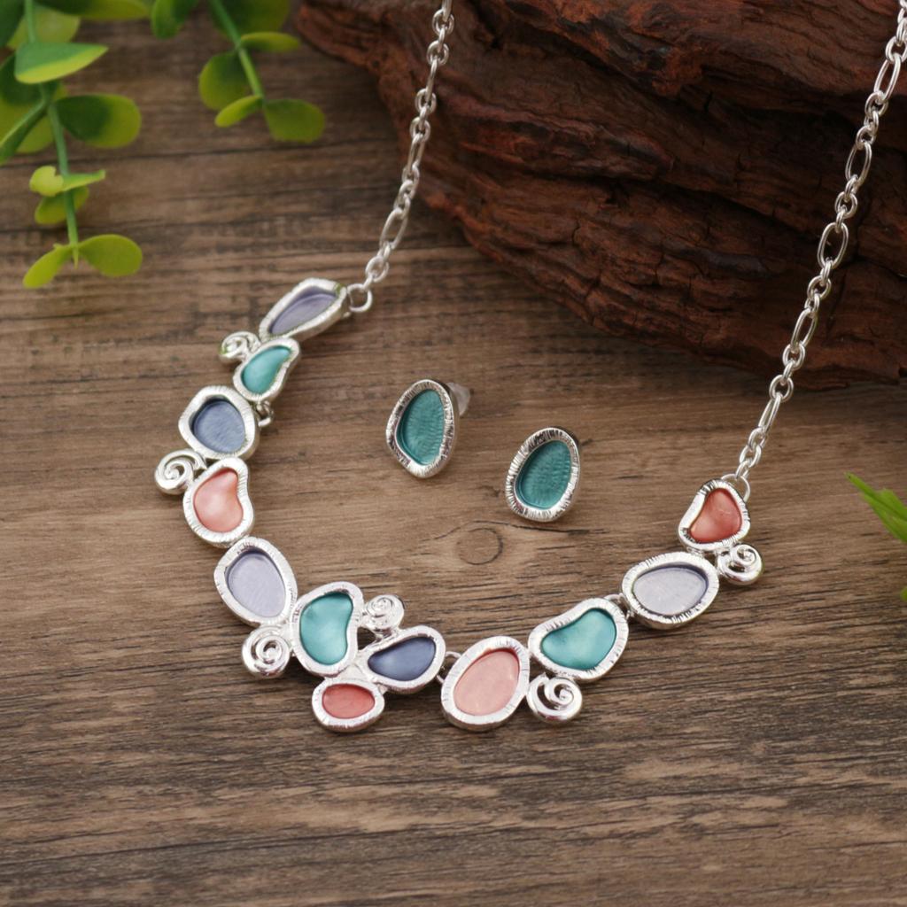 New Enamel Color Oval Stud Earrings Necklace Set, Women's Simple and Versatile Geometric Oval Stud Earrings Necklace