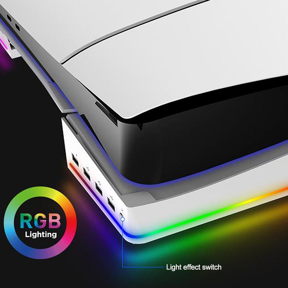 Horizontal Game Console Base Stand Holder with 14 Light Mode and 4 USB Hubs Game Console Desk Stand Storage Rack for PS5 Slim