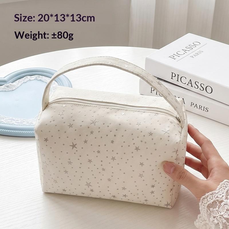 Cute Star Print Nylon Cosmetic Bag Large Capacity Portable Handle Toiletry Pouch for Women Travel Daily Use