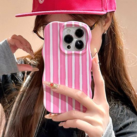 

Colorful Stripes Glossy Wave Phone Case for iPhone 15 16 17 Pro Max 14 13 12 17 Air Double Color Contrast Hard PC Ins Cover iPhone17 Pro Max