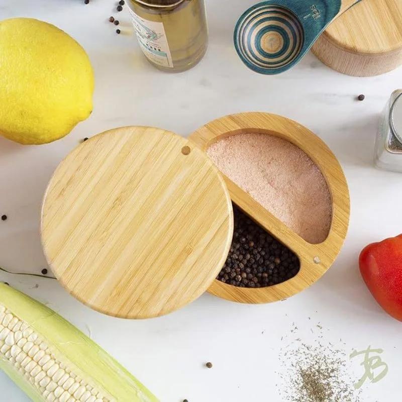 Kitchen Seasoning Bottle Convenience Tools Bamboo Salt Jar Kitchen Circular Bamboo Seasoning Box Spice Rack Accessories