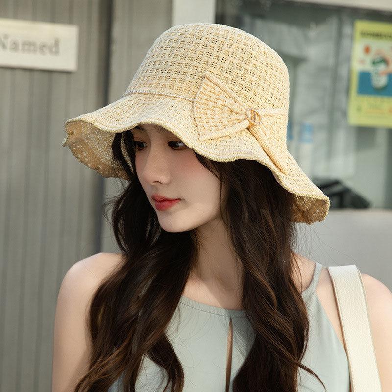 New Wide-brimmed Knitted Bucket Hat Seaside Wavy Basin Hat Sunshade Breathable Beach Hat Summer Women's Bow Hat