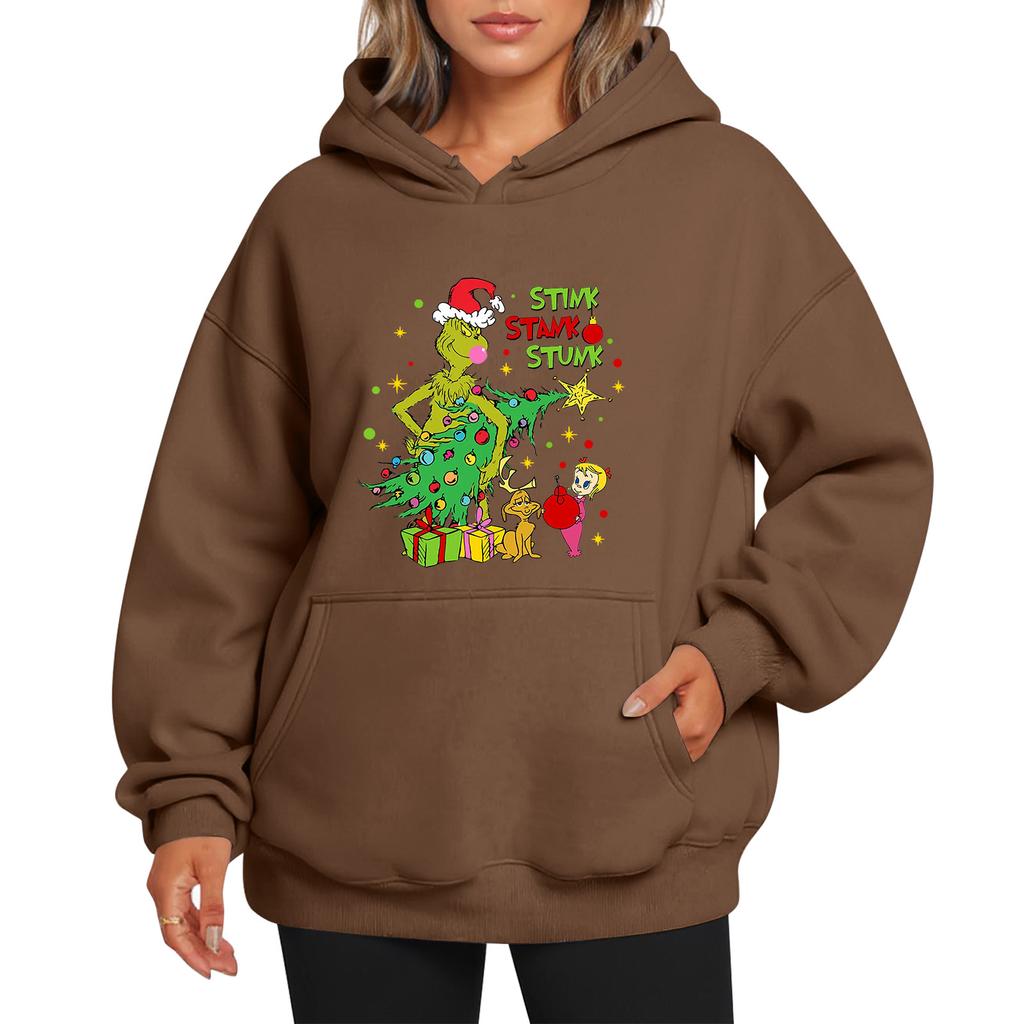 Ladies' Christmas Style Printed Hoodie With Wool And Pockets For Women