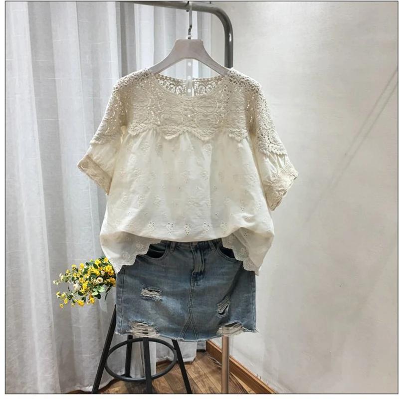 Zomer Comfortabel Casual Dames Tops O-Hals Dameskleding Plus Size Borduurwerk Holle Vrouwen Shirts Mode Losse Korte Mouw Shirt
