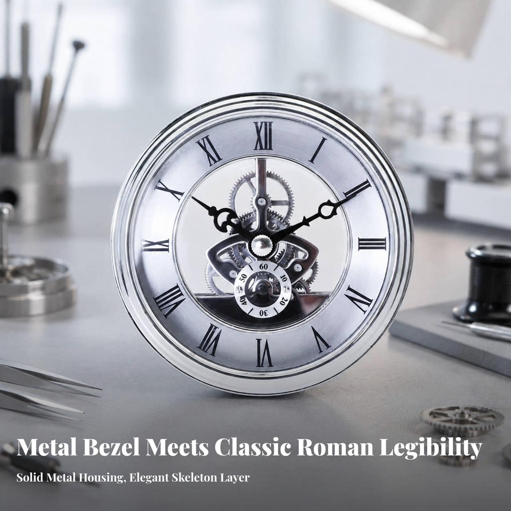 Precision Mechanical Clock Insert Visible Gear Mechanism, Roman Numeral Face, Skeleton Insert,