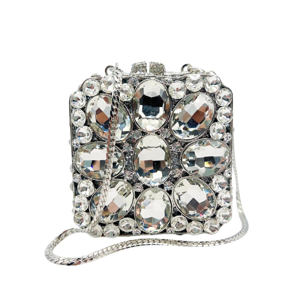 Women's Square Evening Crystal Clutch Bag Large Diamond Dinner Clutch Hollow Out Banquet Rhinestone Handbag Special Occasions
