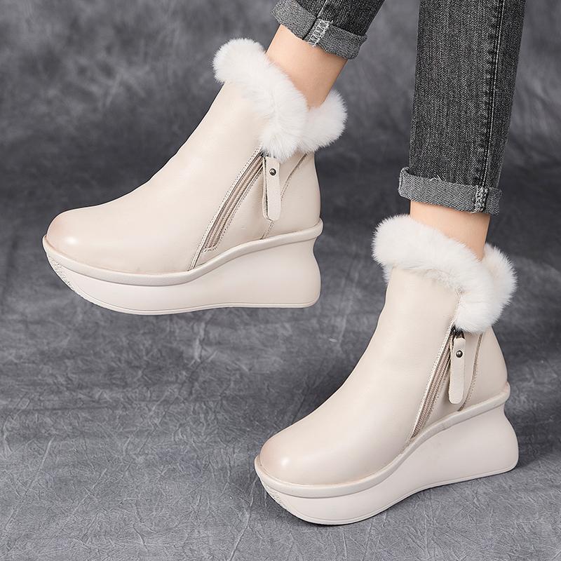 GKTINOO Genuine Leather Women Boots Retro Shoes Rabbit Fur Winter Round Toe Double Zipper Handmade Concise Platform Boots