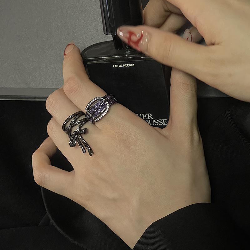 The Same Bow Open Ring, Dark Belt, Zircon Ring, Retro Niche Design Jewelry.