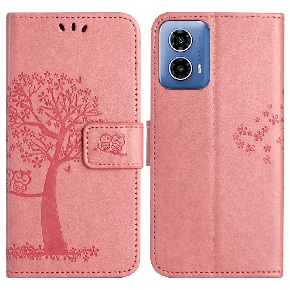 For Motorola Moto G35 5G Case PU Leather Owl Tree Imprinted Wallet Phone Cover