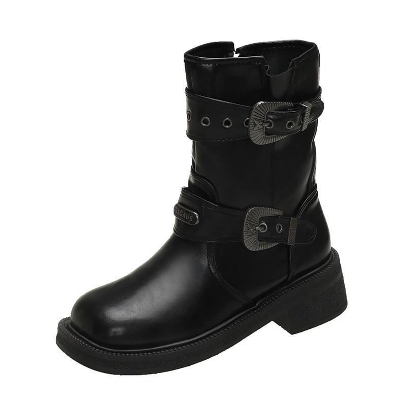 

Maillard Martin boots 2025 autumn and winter new square head thick sole belt buckle side zipper thick heel middle heel knight boots women 35 чёрный