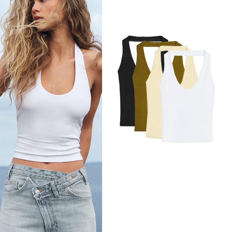 Summer New Product Women's Clothes French Style Design Hanging Collar Slim Fit Backless Basic All-Matching Tops 4424308