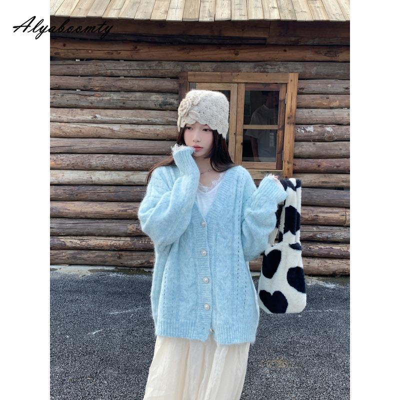 Korean Fashion Autumn Winter Women Knitted Sweater V Neck Oversized Blue Knitting Cardigan Baggy Ladies' Sweet Warm Outerwear