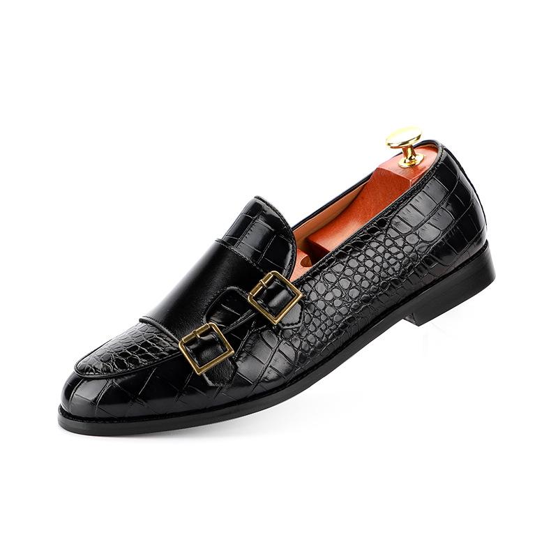 Luxury Business Men Monk Shoes Double Buckle Crocodile Print Wedding Party Office PU Leather Shoes Brown Pointed Toe Loafer