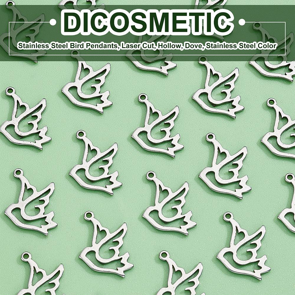 120Pcs 304 Stainless Steel Bird Pendants Laser Cut Hollow Dove Stainless Steel Color 17x12x1mm Hole: 0.9mm