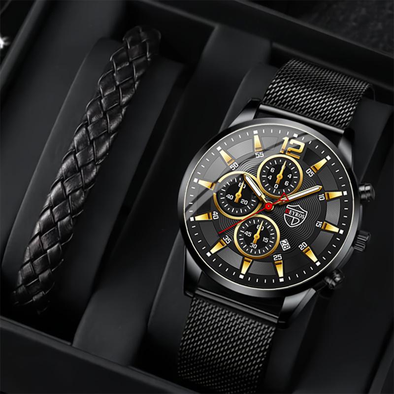 

2 шт./комплект мужские деловые спортивные кварцевые часы из нержавеющей стали с сетчатым ремешком наручные часы и браслет, День отца, День святого Валентина, подарки для него