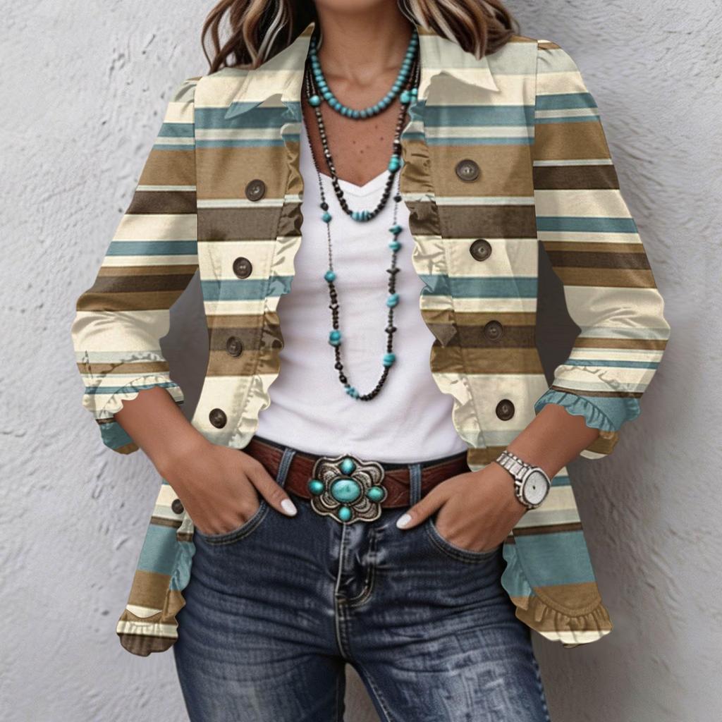 Women's Casual Striped Print Long Sleeve Ruffle Button Down Shirt Jacket for Everyday Wear