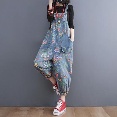 Printed Denim Overalls Women's Spring and Summer Loose Fashion Western Casual Tooling Jumpsuit