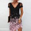 Frauen Drucken V-ausschnitt Spitze Nähte Kurzen ärmeln Kleid Sexy Mode Sommer Plus Größe Casual Kleid