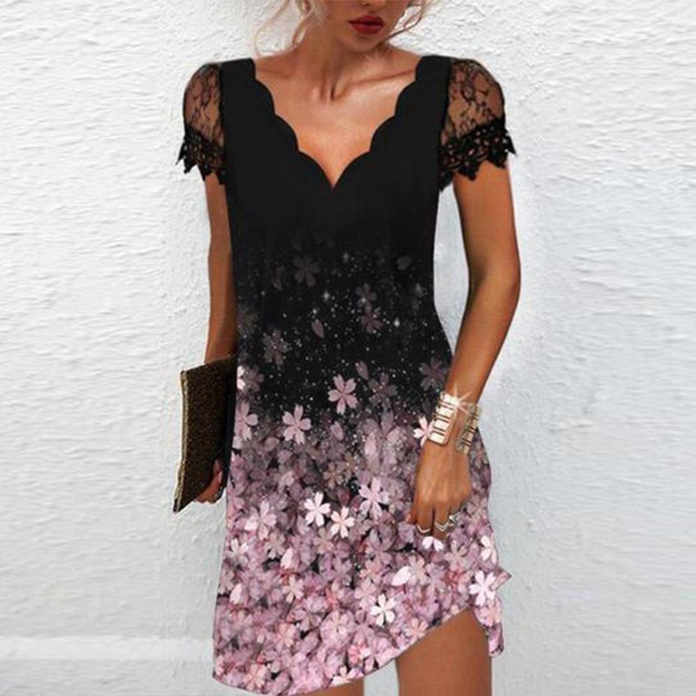 Frauen Drucken V-ausschnitt Spitze Nähte Kurzen ärmeln Kleid Sexy Mode Sommer Plus Größe Casual Kleid