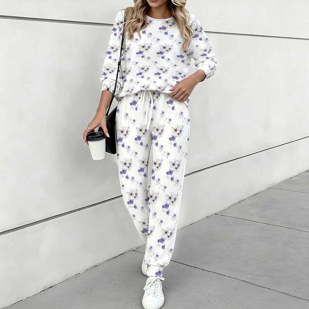 Women Floral Print Two Piece Outfit, Long Sleeve Crew Neck Top & Drawstring Jogger Pants Casual Tracksuit for Spring Autumn