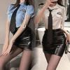 Cops Policewoman Office Lady Cosplay Costume Blue Shirt with Wrap Hip PU Leather Skirt Ties Panties Set Erotic Sexy Lingerie