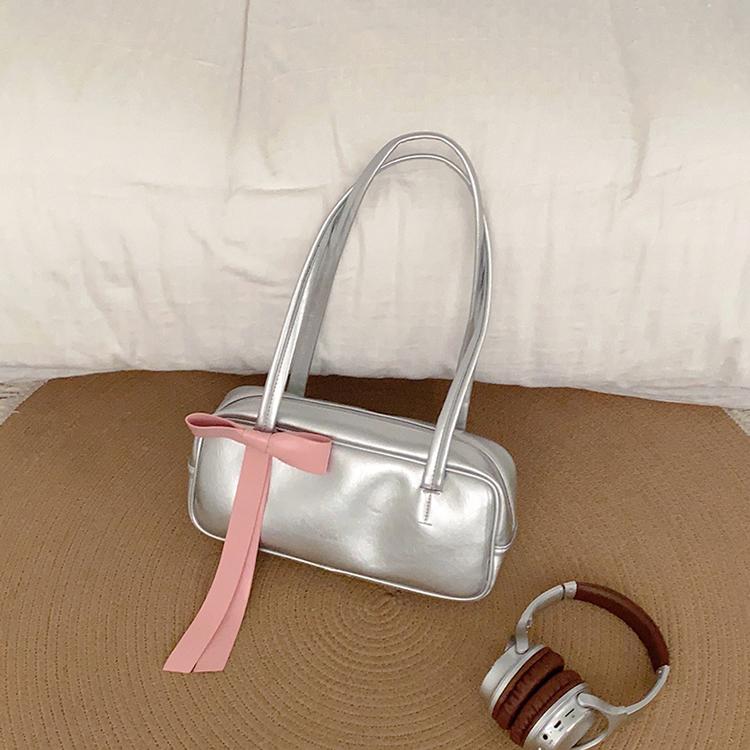 Women Niche Bow Letter Shoulder Bags Summer Fashion Solid Versatile Commuting Handbags Leisure Pu Leather Student Underarm Bag