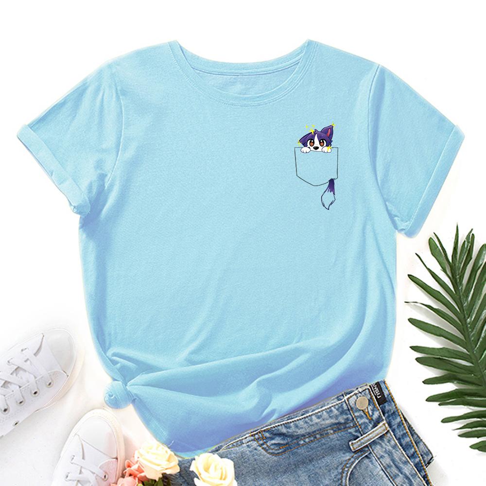 

Cute Fox Print T-shirts Pure Cotton Loose Round Neck Short Sleeved Women s T-shirts S чорний