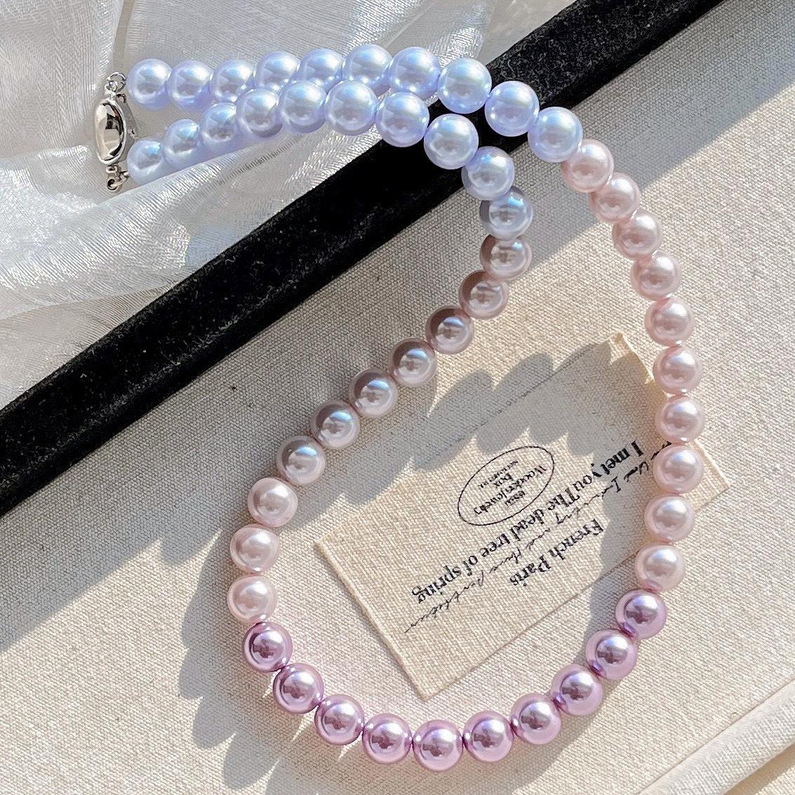 

High Quality 8Mm Romantic Rainbow Gradual Change Color Artificial Crystal Pearl Necklace Collarbone Chain
