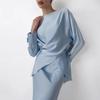 European and American Hot Style Elegant Satin Suit Women's Long Sleeve Tie Top Two-piece Skirt Set