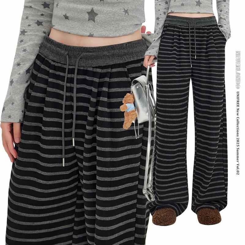

UNIFREE Women s 2025 Winter Preppy Contrast Stripe Fleece Lined Loose Straight Casual Pants M