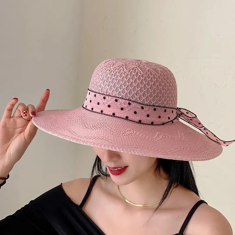 WTEMPO Women Spring Summer Casual Wide Brim Hats with Dot Ribbon Ladies Vacation Beach Sunscreen Hats
