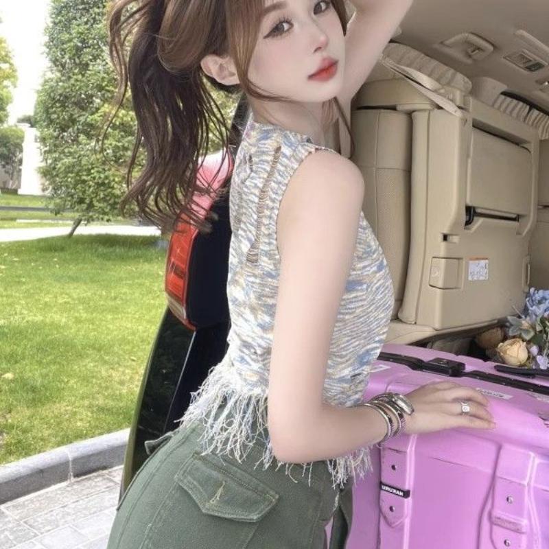 Hollowed-out Sleeveless Vest for Women Thin Style In Summer Unique Design Sense Chic Suitable for Wearing Outside Sexy Su Knitted Top