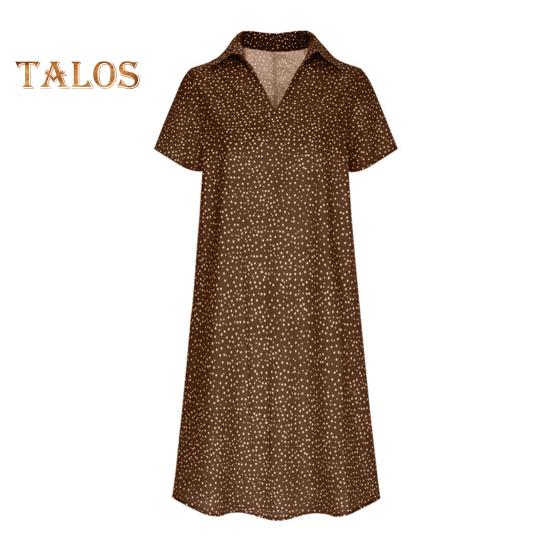 

Летнее платье с принтом в горошек, короткие рукава, свободное платье-рубашка А-силуэта с V-образным вырезом, длиной до колена, миди-платье для свиданий, путешествий, отпуска S темно-коричневого