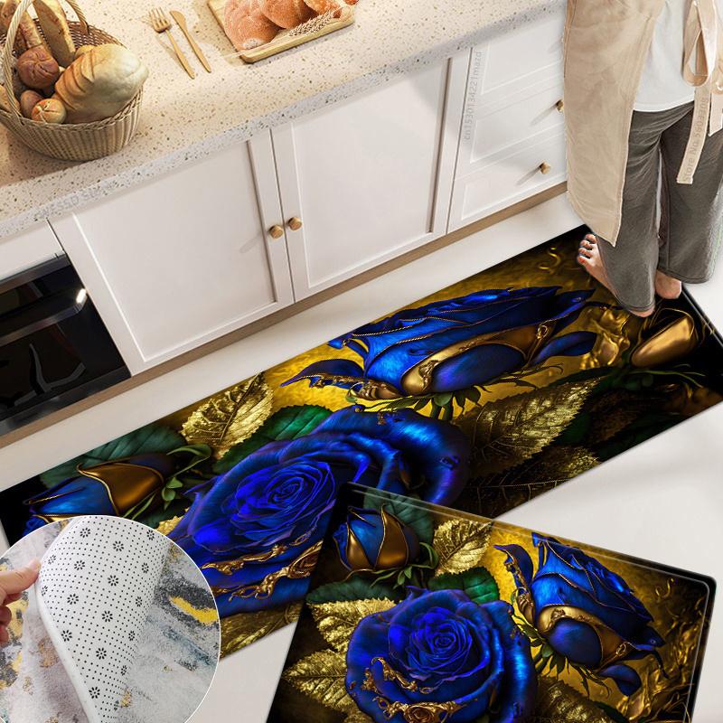 

Цветочный ковер, кухонный коврик, 3D ковер с цветочным принтом розы, напольный коврик для кухни, ванной комнаты, прикроватная тумбочка, нескользящий абсорбирующий мягкий бархат 40x60+40x120cm 2pcs