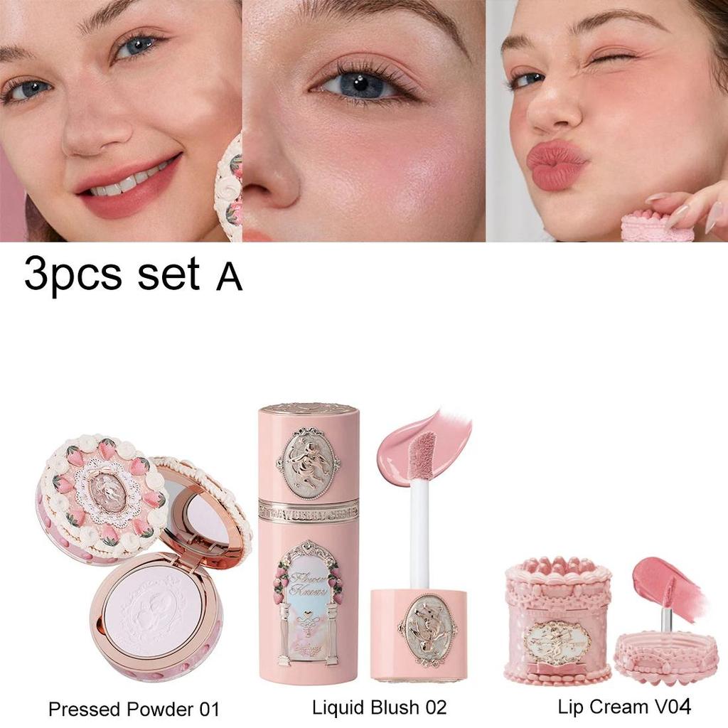 Flower Knows Erdbeer-Cupid Samtige Matte Lippencreme Gepresstes Puder Flüssiges Rouge Set Langanhaltendes Leichtes Make-up