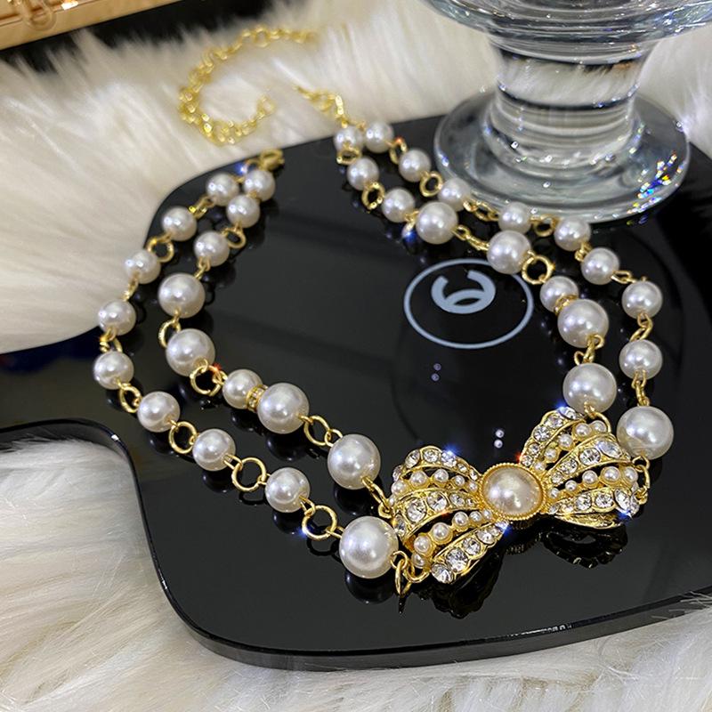 Retro Court Style Double Layer Pearl & Diamond Necklace - Elegant Choker for Women