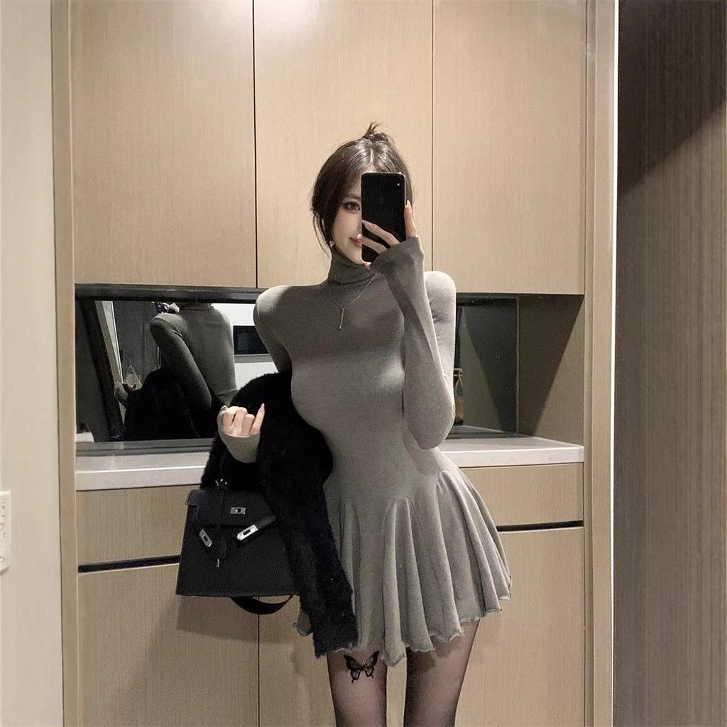 Pure Desire Spice Girl Turtleneck Versatile Long-sleeved Dress Women's Autumn and Winter New Waist Fluffy Skirt, Thin Bottom Skirt Short Skirt