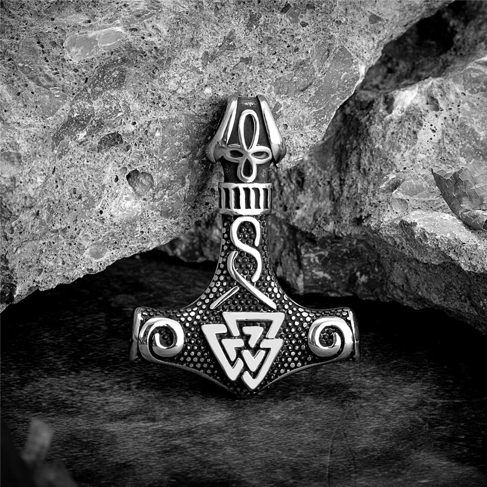 Vikings Thors Hammer Necklace Stainless Steel Double Sided Pendant Norse Amulet Men Vintage Jewelry