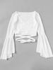 European/American Style Lace-Up Bell Sleeve V-Neck Crop Top: Slim, Retro, Solid Color