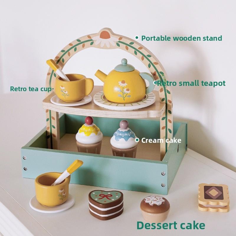 Layer Wooden Double Dessert Stand With Tea Set Cakes For Kids Growth Cognitive
