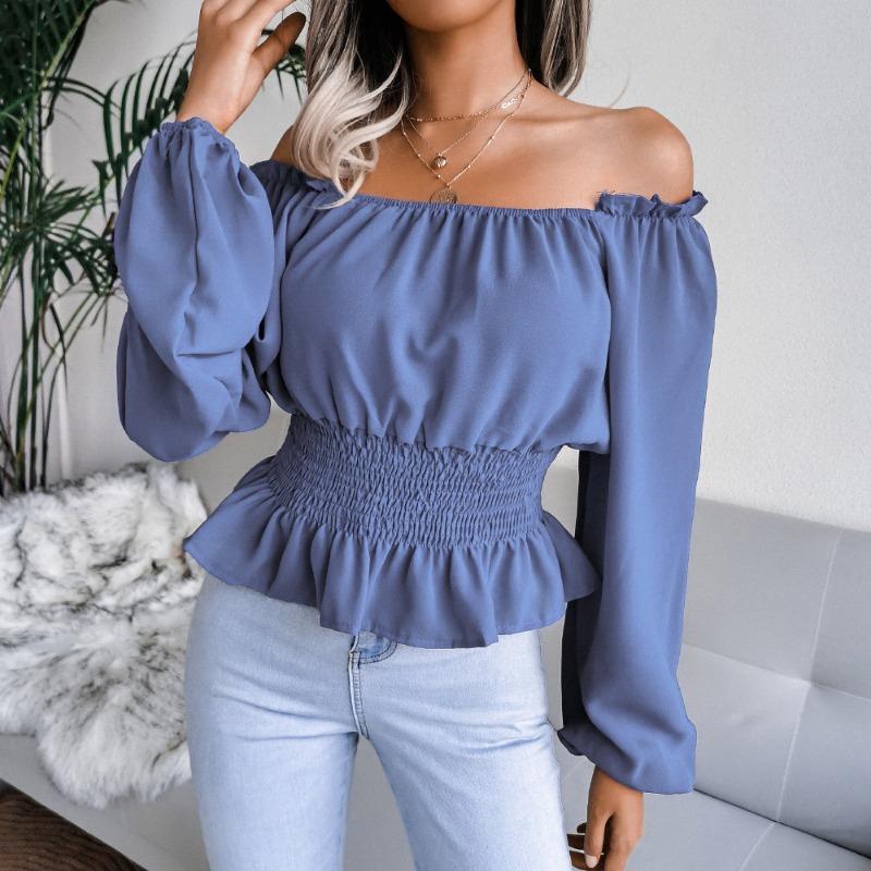 Fashion Elegant Off-shoulder Hem Ruffle Edge Blouse Women Slim Fit Pleated Solid Color Shirt Long Sleeve Casual Simple Short Top Sexy Women's Clothing