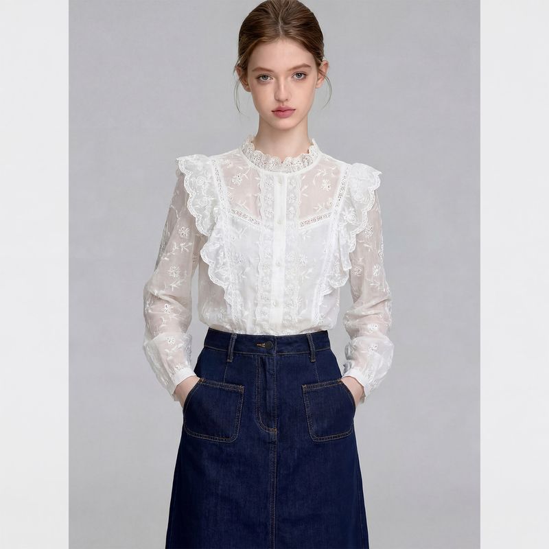 

French-Style White Ruffled Lace Long-Sleeved Shirt Top for Women, New Spring Model with a High-End Feel, Light Luxury Embroidery Blouse White Shirt S