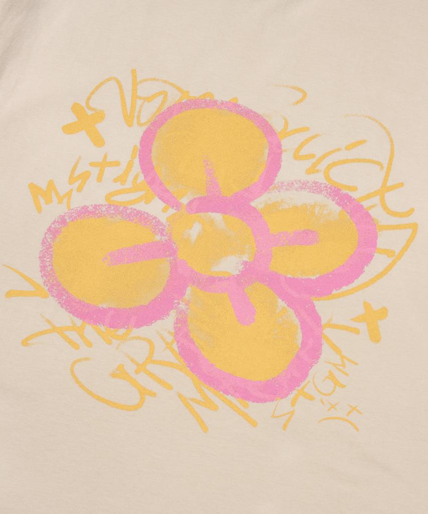 STIGMA Crayon Flower Vintage-Like Washed Oversized Short Sleeves T-Shirts Beige