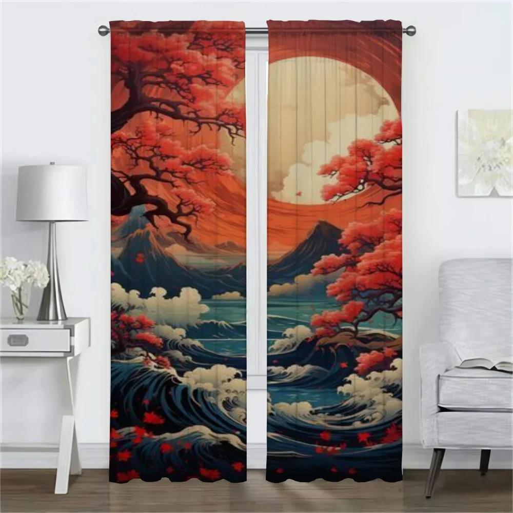 Kitchen Curtains for Living Room Curtain Sun Moon and Tree Home Interior Curtains 2 Pieces Shades Tulle for Bedroom Partition
