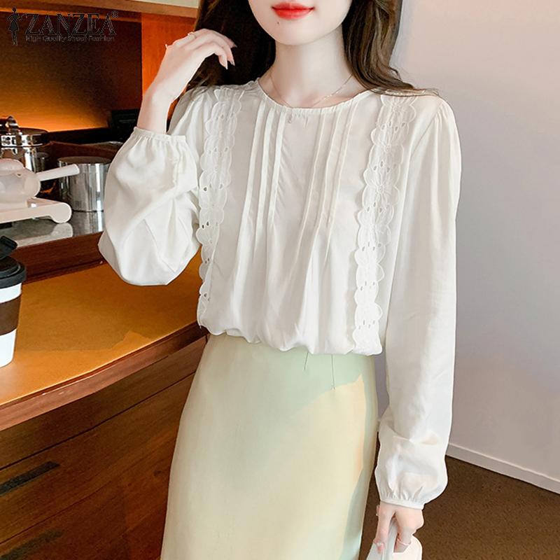 

ZANZEA женский плиссированный кружевной однотонный повседневный топ с круглым вырезом и длинными рукавами